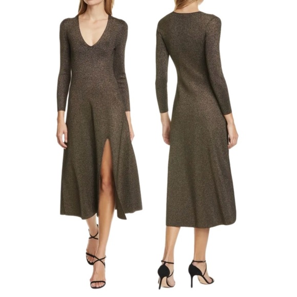 A.L.C. Serafina Metallic Knit Midi Dress Gold V-Neck Long Sleeve Front Slit S - Picture 1 of 12